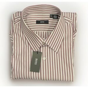 NWT Hugo Boss Mens 17.5 34/35 Pink Geometric Striped Long Sleeve Dress Shirt